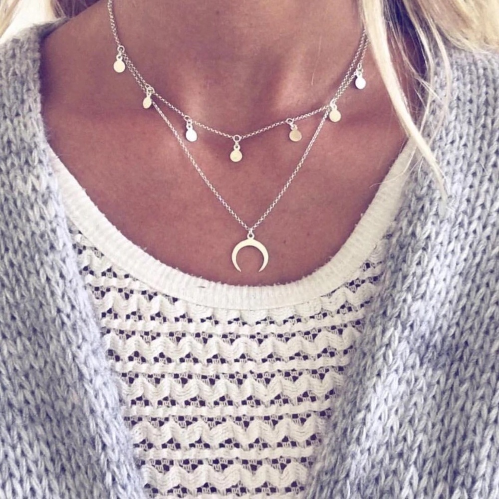 NEW Double Layer Silver crescent moon necklace